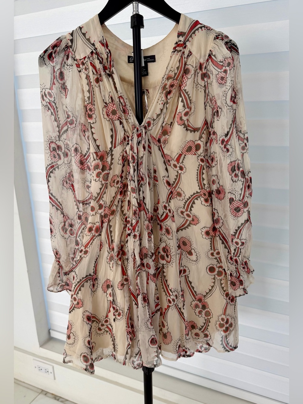 Floral Tie-Front Mini Dress in Cream and Pink